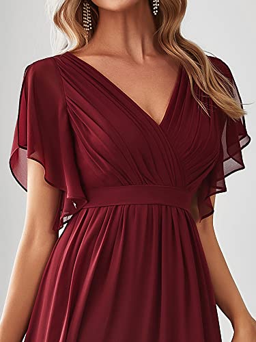 Women's Bridesmaid Dress V-Neck Ruffle Sleeves Ruched Bust Floor Length Chiffon Formal Dresses 0164A