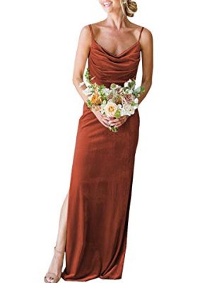 Women's Cowl Neck Velvet Bridesmaid Dresses Long Modern Formal Wedding Guest Dress with Side Slit M005