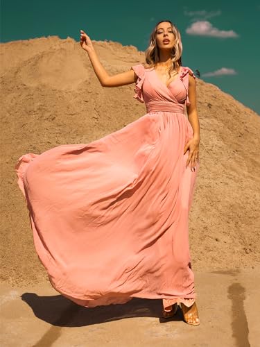 Women's Flowy Chiffon A Line Ruffles Sleeves Back Cutout Bridesmaid Dresses 01819