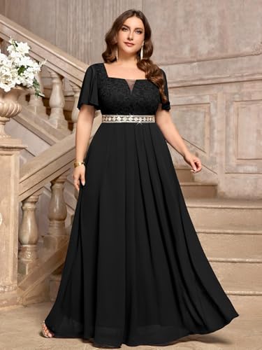 Women's Plus Size Floral Lace Ruffle Sleeves Beads Waist Chiffon Formal Party Maxi Dress