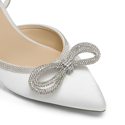 Kitten Heels Rhinestone Bow Ankle Strap Stiletto Pointed Closed Toe Heels for Women Pumps Wedding Bridal Party Dress Shoes