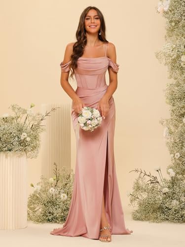 Off Shoulder Satin Bridesmaid Dress Long Mermaid Corset Prom Dress for Women Formal Gown with Slit