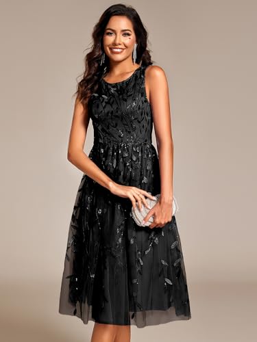Women's Sequin Sparkly Crew Neck Short Sleeve Tea Length Evening Dress 20736