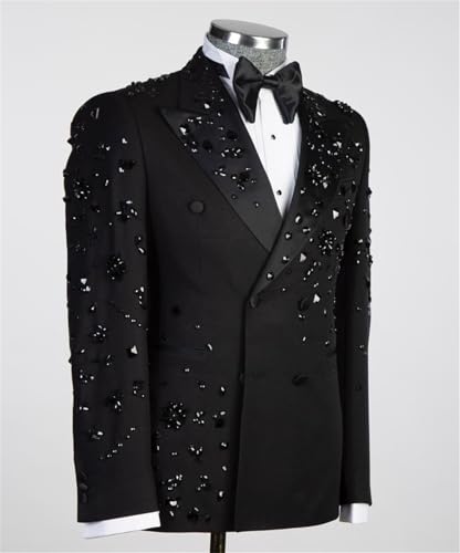 Luxury Men's 2 Piece Suit Slim Fit Double Breasted Beads Crystal Party Wedding Tuxedo Suits Blazer Jacket Pants Set