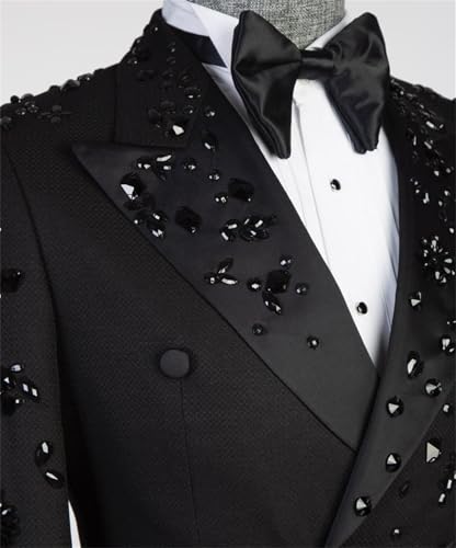 Luxury Men's 2 Piece Suit Slim Fit Double Breasted Beads Crystal Party Wedding Tuxedo Suits Blazer Jacket Pants Set
