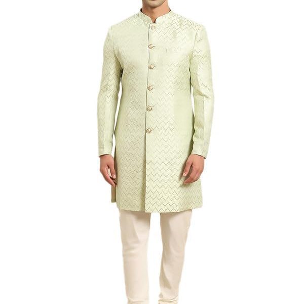 Men's Cream Jacquard Indowestern Sherwani Kurta & Pajama Set – Mandarin Collar | Indian Wedding & Festive Wear