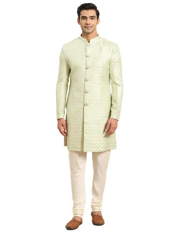 Men's Cream Jacquard Indowestern Sherwani Kurta & Pajama Set – Mandarin Collar | Indian Wedding & Festive Wear