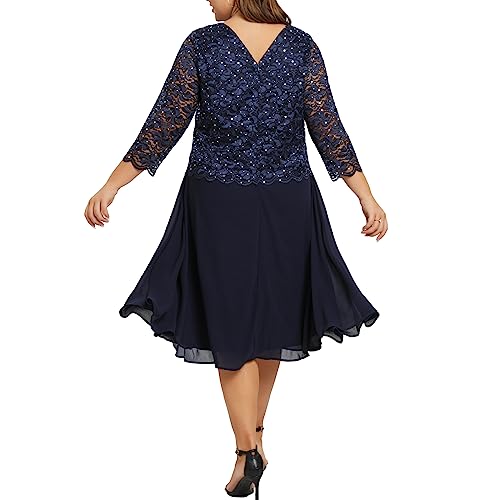 Women's Plus Size Tea Length Sequin Lace Dress Mother Gifts Special Occasion Wedding Party Dresses
