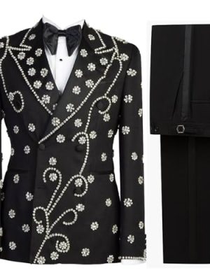 Men's Luxury Tuxedo Jacket with Handmade Rhinestones Slim Fit Peaked Lapel Blazer for Wedding,Party,Prom