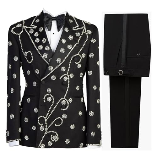 Men's Luxury Tuxedo Jacket with Handmade Rhinestones Slim Fit Peaked Lapel Blazer for Wedding,Party,Prom