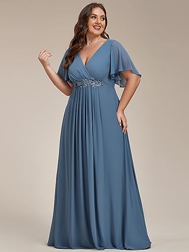Chiffon V Neck Short Sleeves Appliques Plus Size Formal Dresses for Curvy Women Evening Gowns 01960-DA
