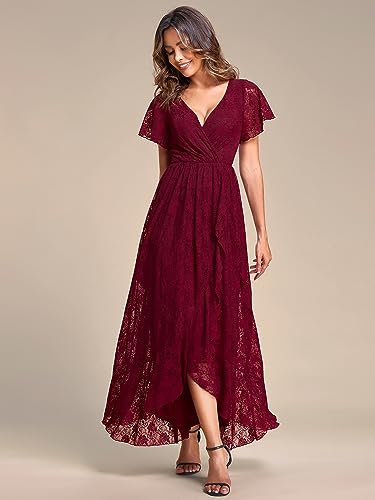 Women's Lace V Neck Ruffles Sleeves Pleated Empire Waist A-Line Maxi Formal Dresses 01489