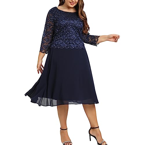 Women's Plus Size Tea Length Sequin Lace Dress Mother Gifts Special Occasion Wedding Party Dresses