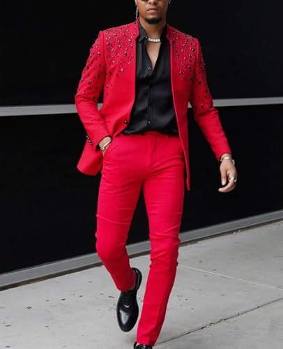 Men's Tuxedo Suits with Rhinestone Tailored Slim Blazer Prom Jacket Pants Set for Wedding,Party,Dinner,Christmas
