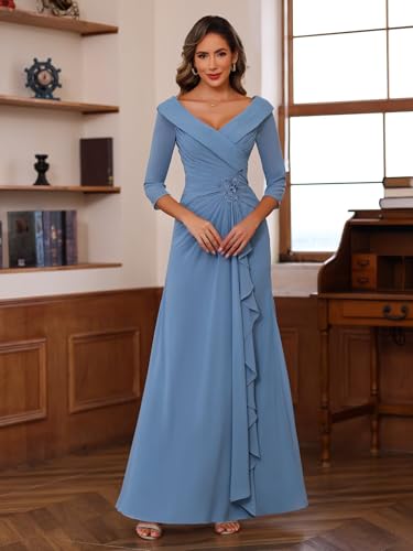 Chiffon Mother of The Bride Dresses for Wedding with 3/4 Sleeves Long Ruched Applique Formal Dress RS111
