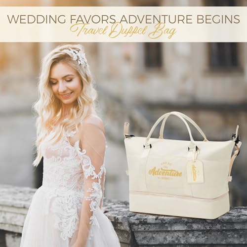 Wedding Weekender Bag for Women, Bridal Shower Gift Set with Shoe Compartment & Luggage Tag, 'and So The Adventure Begins' Bride