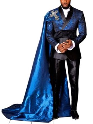 Mens 3 Pieces Royal Blue Tuxedo Set Slim Fit Prom Graduation Party Jacquard Jacket Pants with Removable Satin Cape