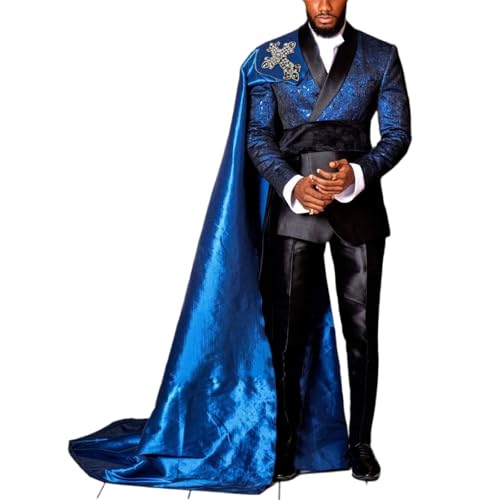 Mens 3 Pieces Royal Blue Tuxedo Set Slim Fit Prom Graduation Party Jacquard Jacket Pants with Removable Satin Cape