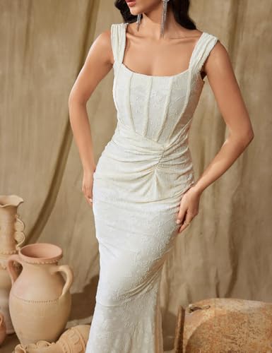 Elegant Lace Bodycon Fishtail Dress Wedding Guest Fishbone Shoulder Strap Ruched Midi Party Dress for Women