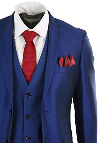 41qVTf3xHxL.jpg Mens 3 Piece Shiny Blue Wedding Prom Party Suit Tailored Fit Smart Formal