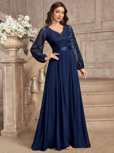 Women's Wedding Guest A-Line Dress Floral Lace Deep V Neck Long Sleeve Formal Evening Gown