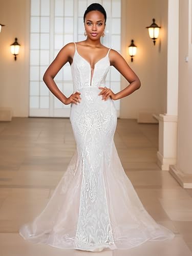 V Neck Sequins Tulle Mermaid Long Prom Dress