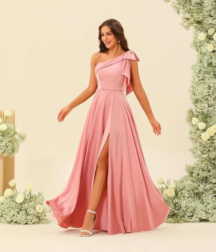 One Shoulder Bridesmaid Dress with Bow Long Prom Dress Satin Formal Gown with Slit BI151
