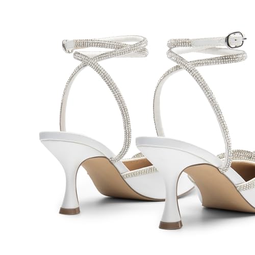 Kitten Heels Rhinestone Bow Ankle Strap Stiletto Pointed Closed Toe Heels for Women Pumps Wedding Bridal Party Dress Shoes