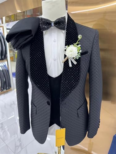 Men's 3 Piece Slim Fit Cotton Square Patterned Jacquard Shawl Lapel with Stone Tuxedo Suit for Wedding Prom Dinner