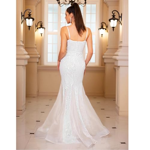 V Neck Sequins Tulle Mermaid Long Prom Dress