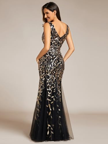 Women's Formal Dress Sequin Tulle Double V-Neck Sleeveless Mermaid Long Evening Dress 07886