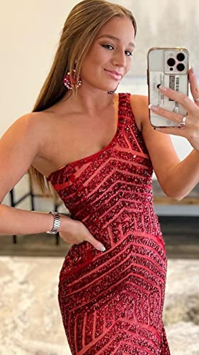 Hot Pink Prom Dresses for Teens Sequin Mermaid One Shoulder Wedding Party Evening Gown Long Sparkly 10