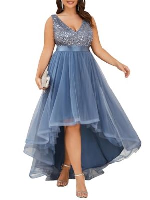 Womens Double V Neck A Line High Low Sequin Tulle Plus Size Formal Dresses for Curvy Women 0147A-DA