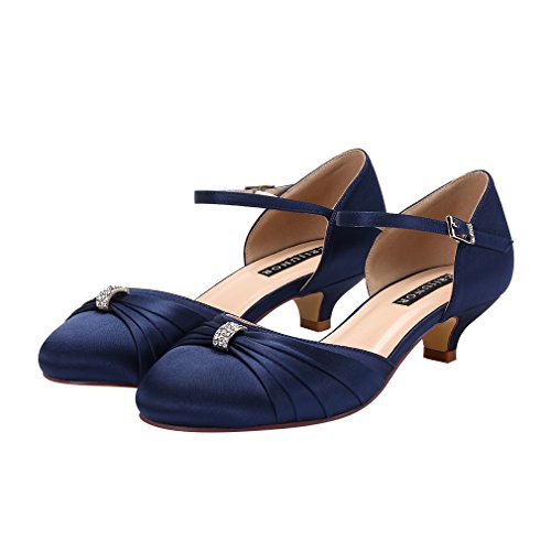 Women Comfort Low Kitten Heel Buckle Ankle Strap Satin Bridal Wedding Shoes