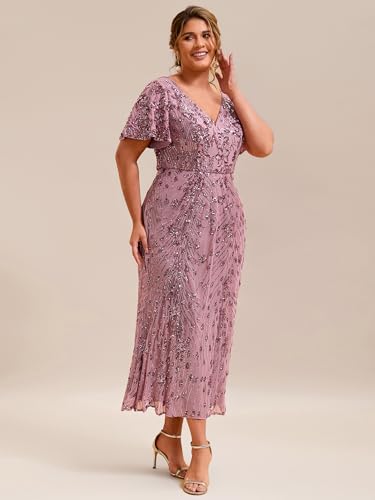 Women's V Neck Short Sleeves Bodycon Sequin Maxi Plus Size Formal Dresses