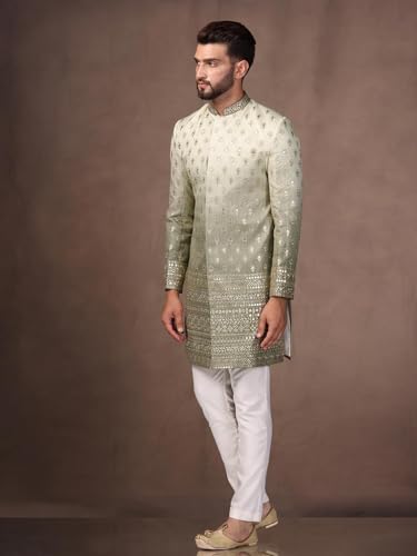 Men's Indo Western Sherwani Trouser Set, Green Silk Blend, Embroidered Regular Fit Mandarin Collar Long Sleeves