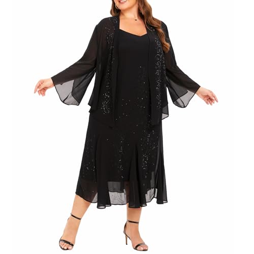 Plus Size Jacket Dress Suits 2 Piece Chiffon Sets Delicate Rhinestone Pattern Mother of Bride Dresses for Wedding