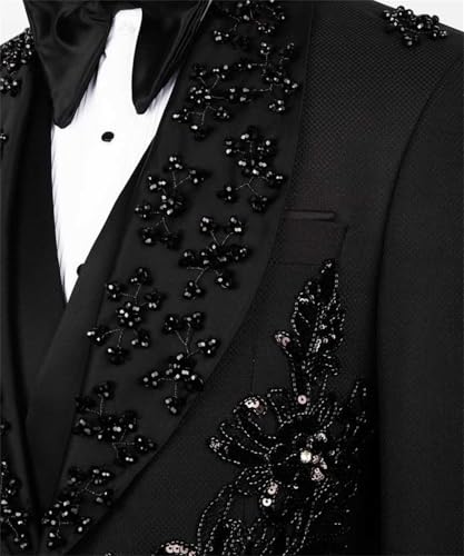 Men's Black Tuxedo with Flower Applique Beaded Tuxedo Slim Fit Shawl Lapel Blazer for Dinner Prom Wedding