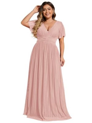 Women's A Line V Neck Glitter Short Sleeves Pleated Plus Size Formal Evening Dresses 11961-DA