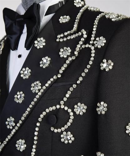 Men's Luxury Tuxedo Jacket with Handmade Rhinestones Slim Fit Peaked Lapel Blazer for Wedding,Party,Prom