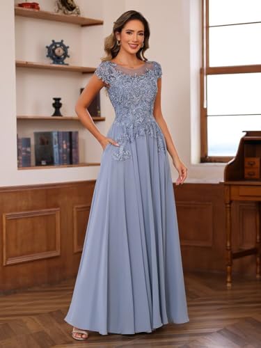 41xbOlzVnZL.jpg Women's Lace Applique Mother of The Bride Dress Cap Sleeves Round Neck Evening Gown NO195