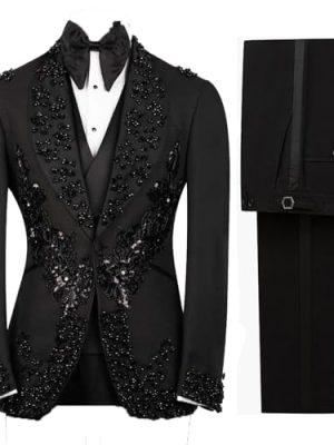 Men's Black Tuxedo with Flower Applique Beaded Tuxedo Slim Fit Shawl Lapel Blazer for Dinner Prom Wedding