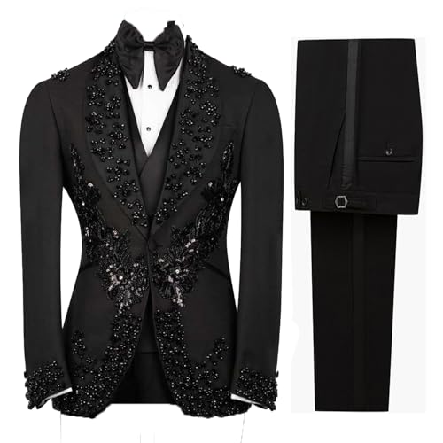 Men's Black Tuxedo with Flower Applique Beaded Tuxedo Slim Fit Shawl Lapel Blazer for Dinner Prom Wedding