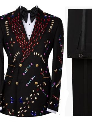 Mens 2 Pieces Luxury Suit with Colored Diamond Slim Fit Peaked Lapel Blazer Jacket Pants Set for Prom,Party,Dinner