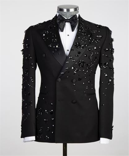 Luxury Men's 2 Piece Suit Slim Fit Double Breasted Beads Crystal Party Wedding Tuxedo Suits Blazer Jacket Pants Set