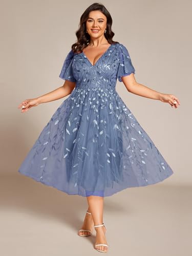 Women's V Neck Short Sleeves Embroidery Empire Waist Sequin Plus Size Midi Cocktail Wedding Guest Dresses 2230-DA