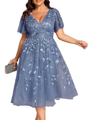 Women's V Neck Short Sleeves Embroidery Empire Waist Sequin Plus Size Midi Cocktail Wedding Guest Dresses 2230-DA