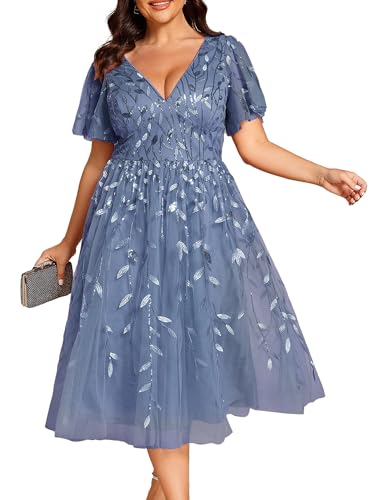 Women's V Neck Short Sleeves Embroidery Empire Waist Sequin Plus Size Midi Cocktail Wedding Guest Dresses 2230-DA