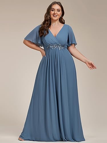 Chiffon V Neck Short Sleeves Appliques Plus Size Formal Dresses for Curvy Women Evening Gowns 01960-DA