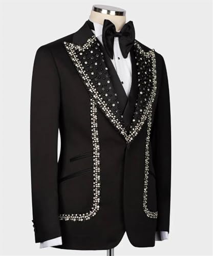 Luxury Mens 2 Pieces Suit Slim Fit Dinner Tuxedo Blazers Pants with Rhinestone for Prom,Party,Wedding